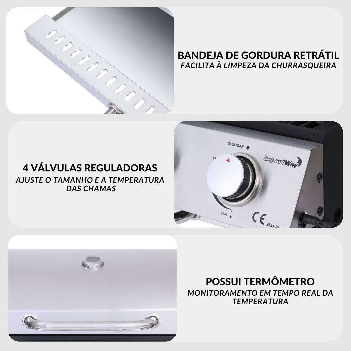 Churrasqueira de Embutir Bancada Inox a Gás 3 Queimadores Push Turn Importway Iwcg-006 - 4