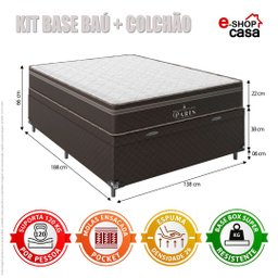 Cama Box Baú Casal + Colchão Paris Molas Ensacadas Pocket - 66x138x188cm - Jacquard - 2