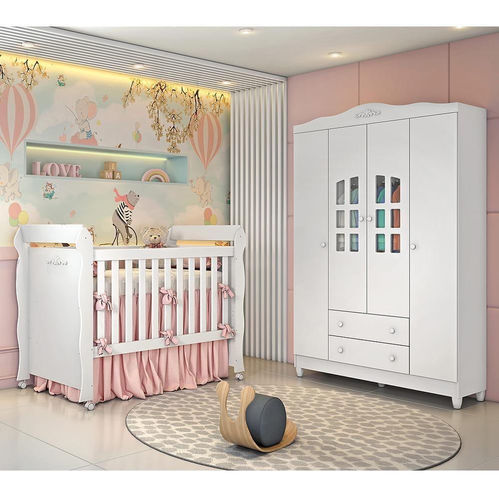 Quarto de Bebê Provençal Lisa Berço Mini Cama Guarda Roupa Infantil 4 Portas Branco Carolina Baby