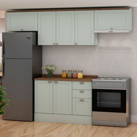 Cozinha Compacta Iluminata 7 Portas 3 Gavetas 100% MDF Mint/Ébano - Genialflex