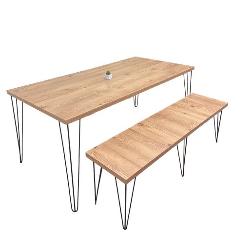 Mesa Sala de Jantar com 1 Banco Tampo Mdf Estilo Demolição Industrial Madeira Ecom Pés em Ferro 180x