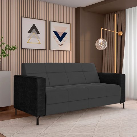 Sofá Living Decorativo Houston 2 Lugares 200cm Pés em Metal Veludo/ Pu Grafite/ Preto G33 - Gran Bel