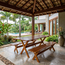 Ver imagem 1 de Conjunto Mesa e Banco Rustico para Churrasco Marrom/Mogno Mel