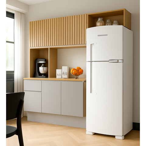 Armário Cozinha Suspensa Mel com Balcão 180cm Poquema Móveis Damasco / Ripado / Offwhite