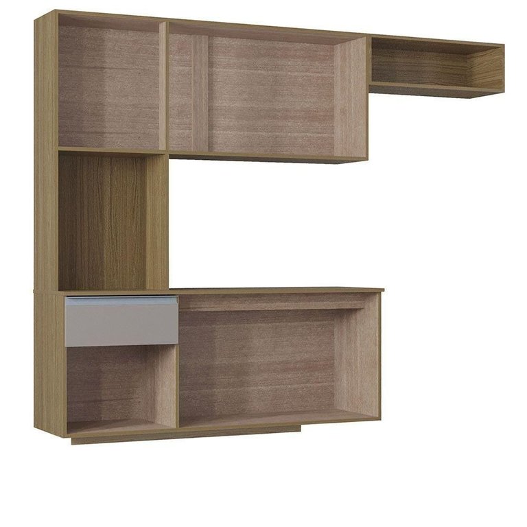 Kit Cozinha Suspensa Mel com Balcão 180cm Poquema Móveis Damasco / Ripado / Offwhite