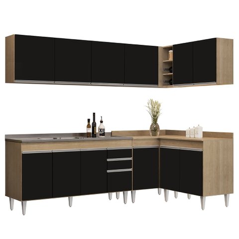 Armário de Cozinha Modulado de Canto 6 Peças Cp33 com Pia Inox Castanho/preto - Lumil Lumil Móveis