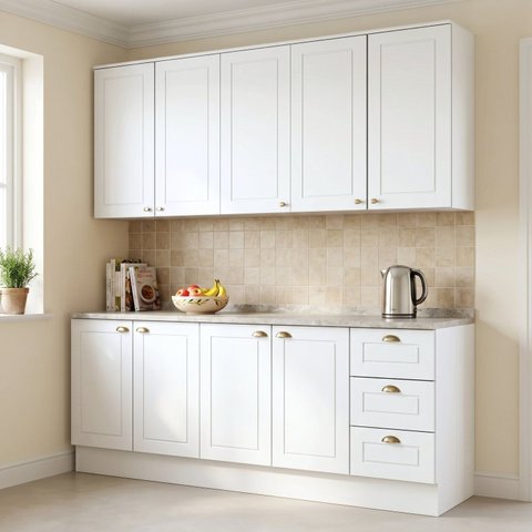 Cozinha Compacta Modulada 100% MDF 4 Peças 2 Armários Aéreos 2 Balcões com Tampo Branca/Calcare