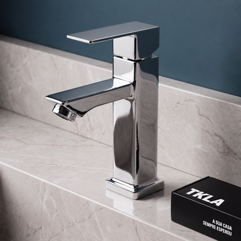 Torneira Lavabo Banheiro Bica Baixa Mesa Aço Inox Cromada Fria Quadrada 1/4 Volta Luxo Tkla