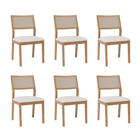 Kit 6 Cadeiras para Sala de Jantar Estofadas Oiti Bege/Madeira/Linho Cru