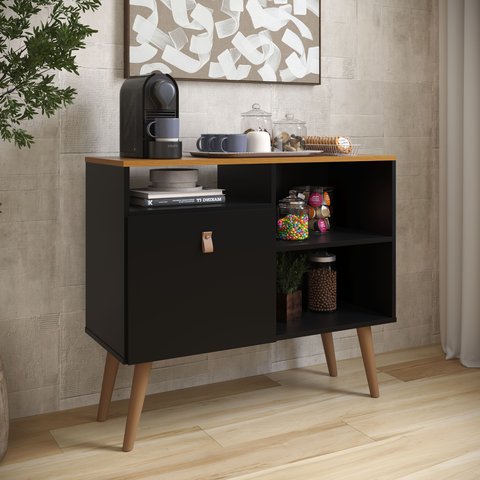 Balcão Aparador com 1 Porta e Prateleiras Multiuso para Cantinho do Café Preto/ipê