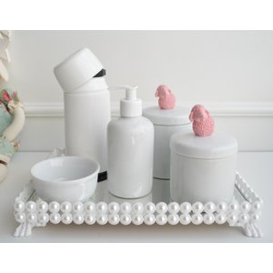 Kit Higiene Bebê Rosa Porcelana Bandeja Branca Perola + Térmica 250 Ml + Tema Ovelha