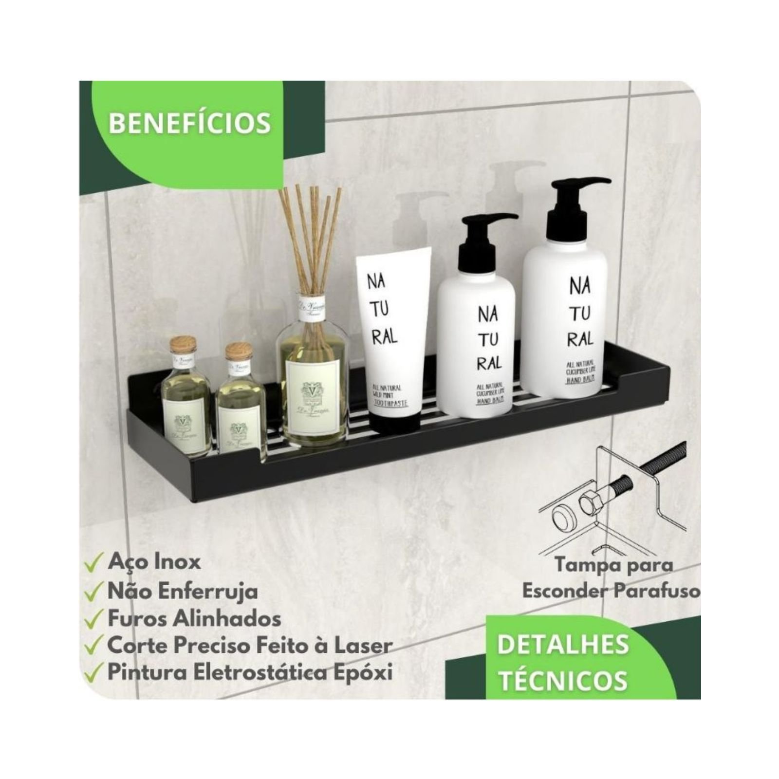 Porta Shampoo Suporte Banheiro Organizador Preto Fosco F.elg - 6