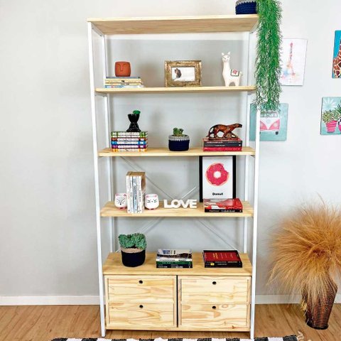 Estante Style de Ferro e Madeira Ample 6 Prateleiras com 2 Gaveteiros Industrial Natural e Branco