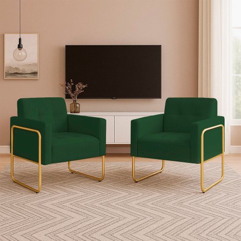 Poltrona Sala Industrial Alta Tubo Dourado Kit 2 Elisa Veludo Verde D03 - D’Rossi