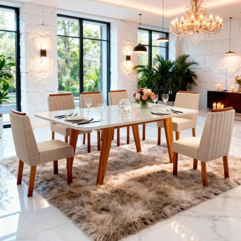 Sala de Jantar 180x90 Mavie Mdf/vidro 6 Cad. Eva Linho Off