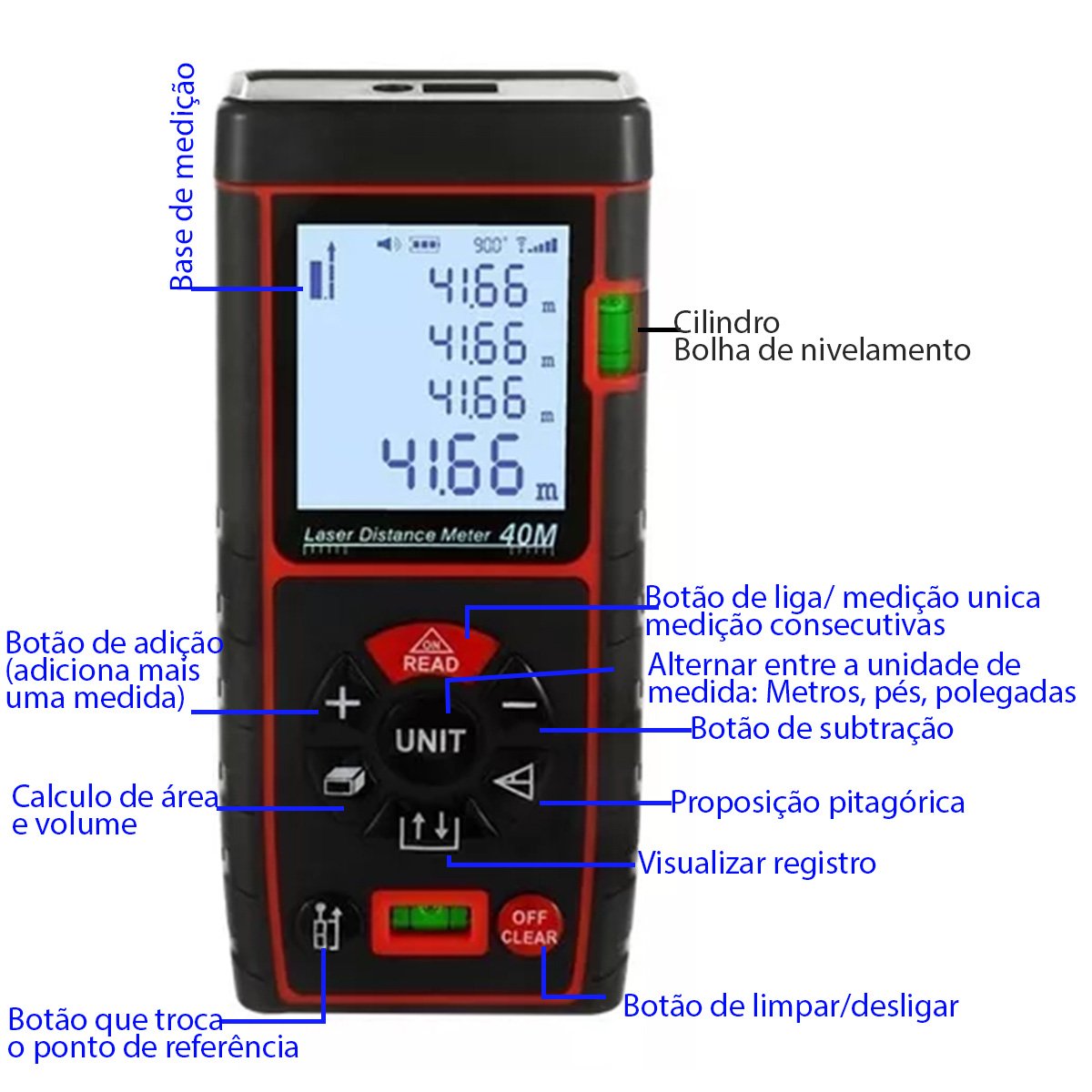 Trena Laser Alta Precisao 40 Metros Profissional Calculo Area Volume Polegadas In Pes Ft M² Medros Q - 6