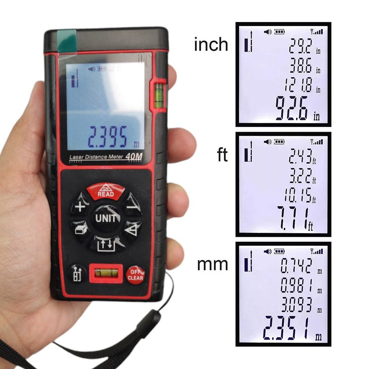 Trena Laser Alta Precisao 40 Metros Profissional Calculo Area Volume Polegadas In Pes Ft M² Medros Q - 10