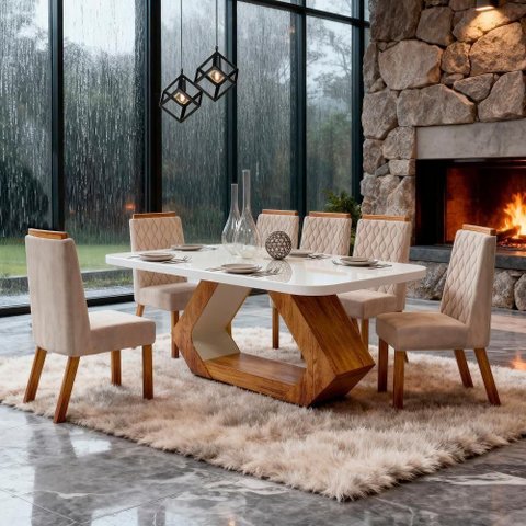 Sala de Jantar Lottus Tampo em MDF e Vidro Base Naturale Cadeiras Bege 160cm Bom Pastor