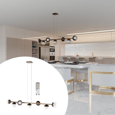 Pendente Lustre de Teto Jabuticaba Bronze com 7 Globos Transparente com Lâmpadas Branco Quente