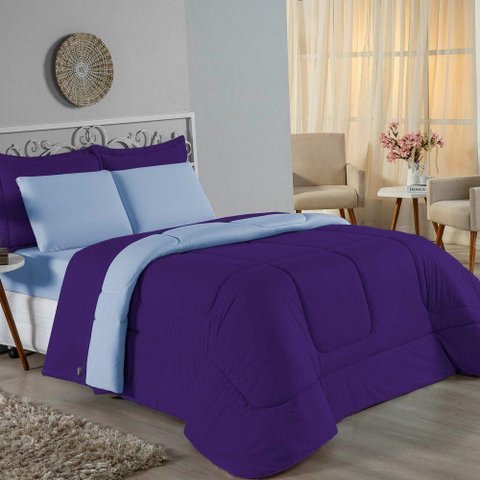 Kit Edredom Dupla Face + Jogo de Lençol Casal Viúva Nobre 6 Peças Malha 100% Algodão - Roxo /
