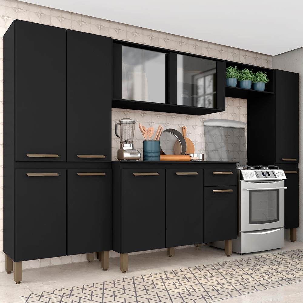 Armário de cozinha de madeira laqueado preto fosco estilo moderno
