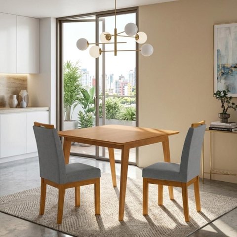 Conjunto Mesa de Jantar 90x90 Mdf e 2 Cadeiras Blend Linho - Cinza Escuro
