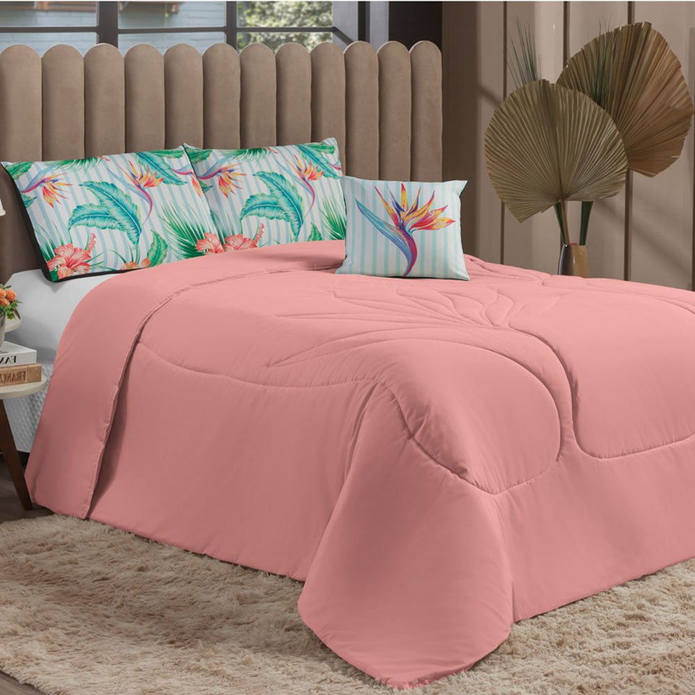 Kit Edredom Miami Floral Queen Microfibra Matelado 5 Peças Rosê