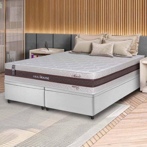 Conjunto Box Baú Branco Mali Bege Molas Ensacadas Queen 158x198x77 - King House
