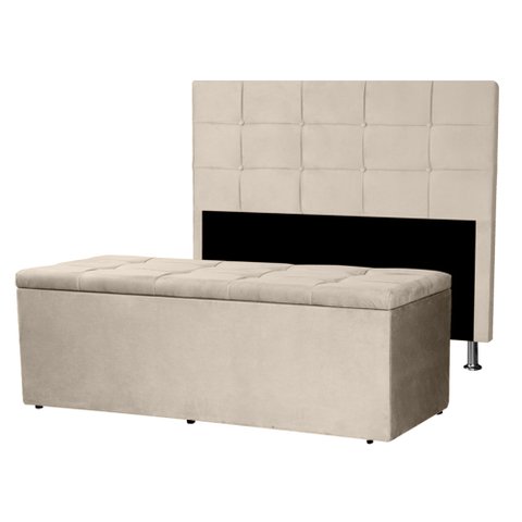 Kit Cabeceira e Calçadeira Baú King 1,95m Roma Suede Bege - Pallazio