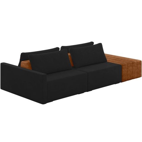 Sofá Ilha Modular para Sala 252cm com Puff Dublin K01 Veludo Preto Sintético Caramelo - Lyam Decor
