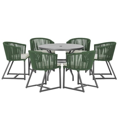 Mesa com 6 Cadeiras de Jantar Roma 120cm e Noronha em Alumínio Preto Corda Náutica Estofado 3 Trama