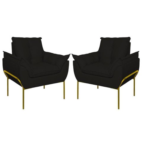 Kit 02 Poltronas Base Metal Dourada Sala Quarto Balaqui Decor Preto