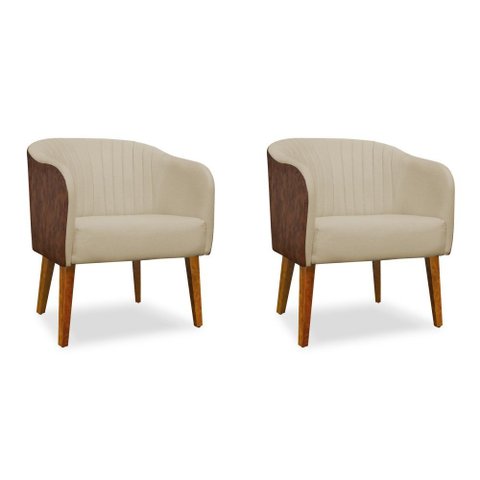 Kit 02 Poltronas Cadeira Luiza Corino Nozes e Linho Bege Sala de Jantar Recepção Escritório do Lar M