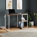 Ver imagem 1 de Mesa Escritório Berlim Industrial com Prateleira Ferro Branco Tampo 110x46 Amêndoa