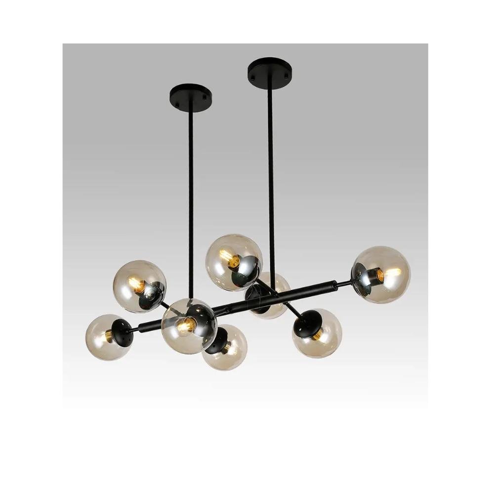Lustre Pendente sala Metal Preto Vidro Âmbar 8 Globos-ADN+ - 1