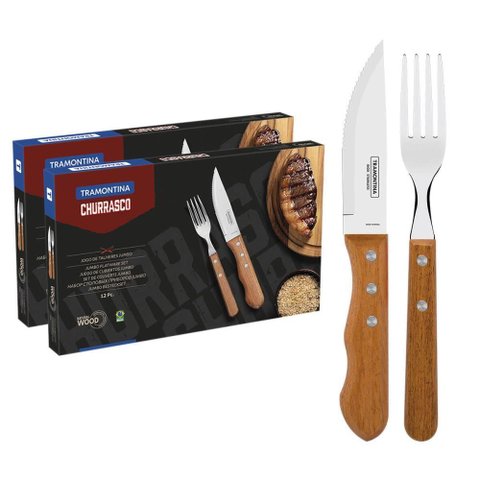 Kit Jogo para Churrasco Tramontina Dynamic com Lamina em Aço Inox e Cabo de Madeira 24 Peças