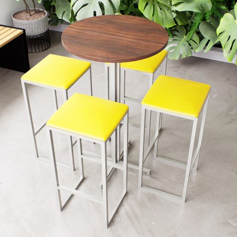 Conjunto Mesa Alta Bar Bistrô Redonda Imbuia 4 Bancos Estofado Don Castro Decor