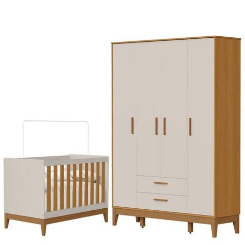 Guarda Roupa Infantil Flip 4 Portas com Berço Americano Flip Areia Acetinado Savana - Reller