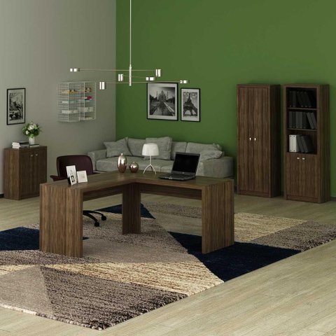 Kit Escritório Completo com Mesa em L 2 Estantes e Balcão Cor:nogal