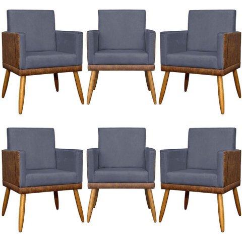 Kit 6 Poltronas Decorativas para Escritório Lis Corino e Pé 30cm - Cinza Suede Corino