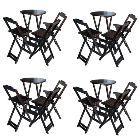 Kit 4 Conjuntos de Mesa Bistrô Dobravel em Madeira Maciça com 3 Banquetas Altas - Tabaco