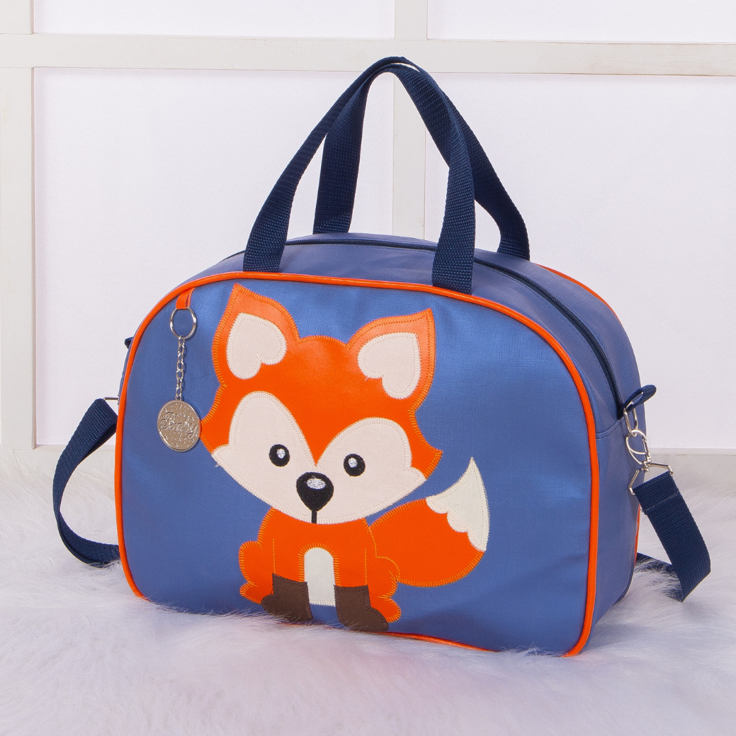 Bolsa G maternidade masculino com chaveiro com bordado tema raposinha azul luxo - 3