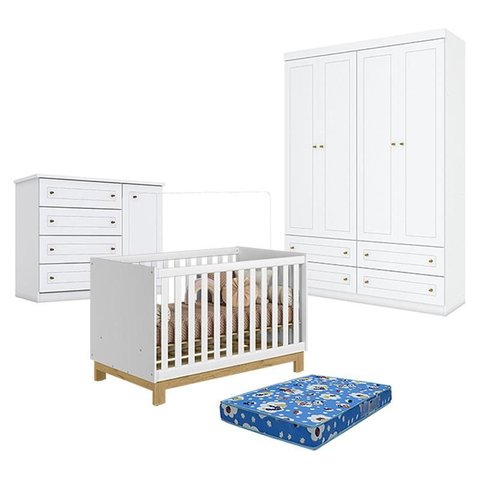 Quarto de Bebê Americano 4 Portas Com berço Americano Mini Cama Q Encanto Slim Branco Acetinado - Qm