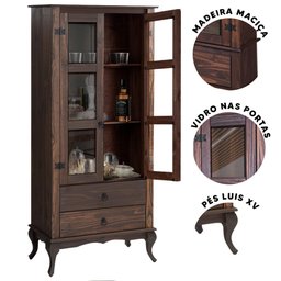 Armário Cristaleira Para Sala De Jantar Madeira Maciça 2 Portas Imbuia Shop JM - 3