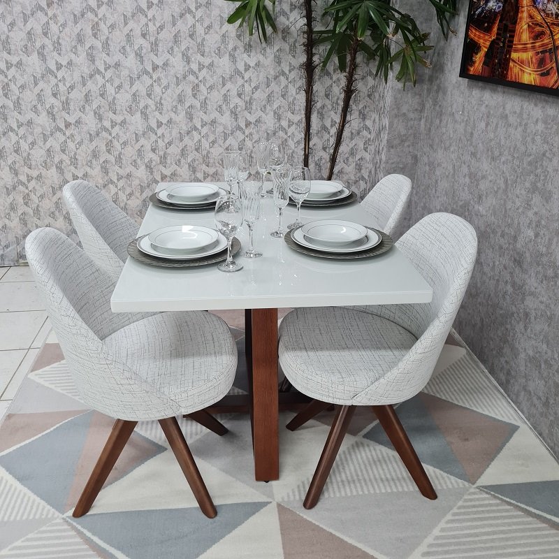 Sala de Jantar Mesa Lia e 4 Cadeiras Dilly Giratórias D'confort Design Linho Bege R55 - 6