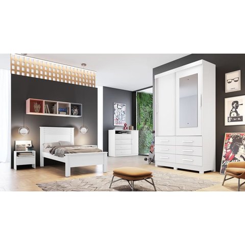 Guarda Roupa Solteiro com Espelho 2 Portas 6 Gavetas - Buriti-branco - Móveis Novo Horizonte