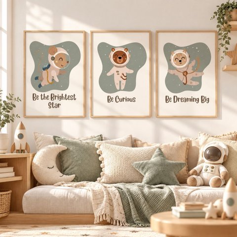 Kit 3 Quadros Infantil Astronauta Espaço Quarto Bebê Menino Menina 40x60 Moldura Madeira NO3