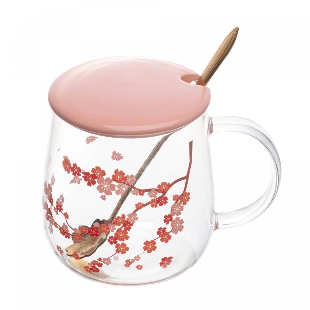 Caneca Vidro com Tampa Colher Sakura 500ml Wolff