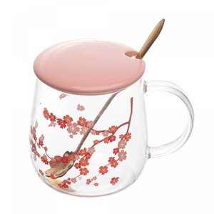 Caneca Vidro com Tampa Colher Sakura 500ml Wolff
