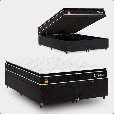 Cama Box Baú Casal Bipartido + Colchão Life D33 Pillow Top 61x138x188cm - Preto - e -Shop Casa
